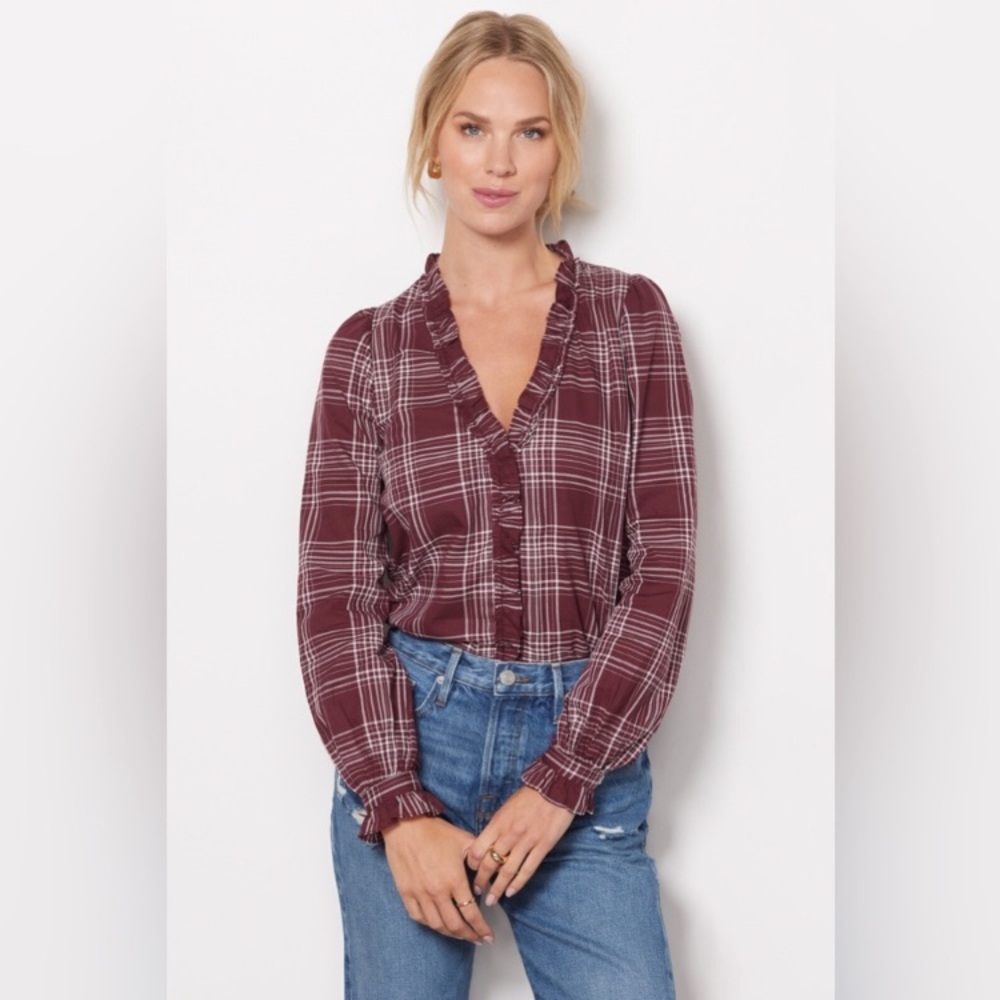 Evereve | Plaid Button Down Blouse with Ruffle Detail Size Small